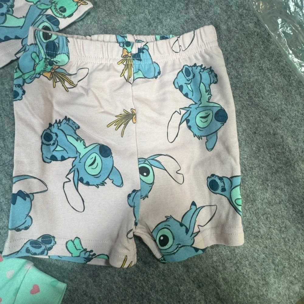 Disney Lilo & Stitch Girls 4 Piece Pajama Set Size 5 Mint Pink Cotton Snug Fit